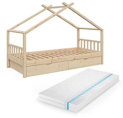 VitaliSpa Hausbett Design, Naturholz, 90x200 cm mit 2 Schubladen und Matratze