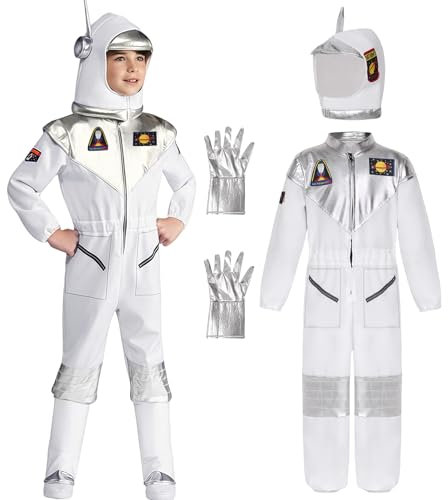 Astronaut Kostüm Kinder Space Kostüm Weltraumfahrer Raumfahrer Weltall Anzug Spaceman Overall Outfit mit Astronaut Helm Astronaut Handschuhe für Jungen Mädchen Karneval MottoParty Jumpsuit 031-150