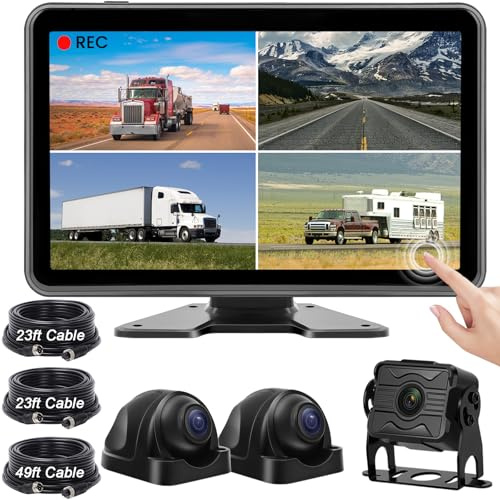 Wired Backup Camera System with 10.1’’ IPS Monitor for Truck RV Bus Trailer,Touch Screen, with Side View Camera, 3 Camera, 4 Split Screen, IP68 Waterproof, Night Vision, Easy Installation,AHD 1080P