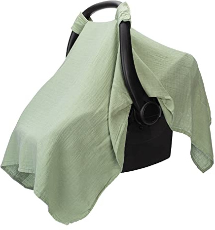 Comfy Cubs Muslin Baby Car Seat Cover - Soft Infant Car Seat Cover Sage | Breathable and Lightweight Muslin Cotton Baby Seat Cover - Designed in the US, Large Canopy for Sun Protection
