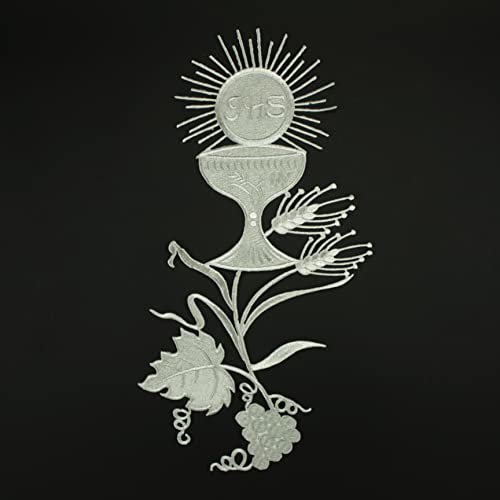 APLICACIÓN ECLESIÁSTICA METALIZADA BORDADA CÁLIZ Y RAMILLETE 30x30cm (PLATA)