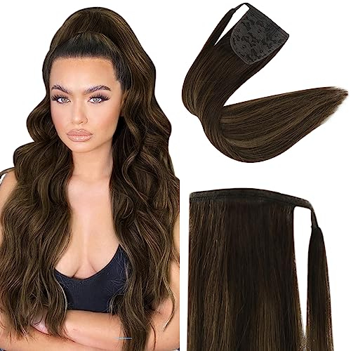 Fshine Pferdeschwanz Haarverlängerung 100g 50cm Dunkelbraun Verblasst zu Kastanienbraun Highlight mit Dunkelbraun Remy Haar Clip in Balayage Ponytail in der Farbe 2 8 2