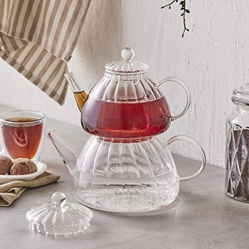 Karaca Lori Glass Teapot with Infuser - Turkish Transparent Tea Pot Tea Maker for Loose Leaf, Herbal Tea for 9 Cups - Tea Kettle (1.2L) & Teapot-Lid with Removable Strainer (0.6L)