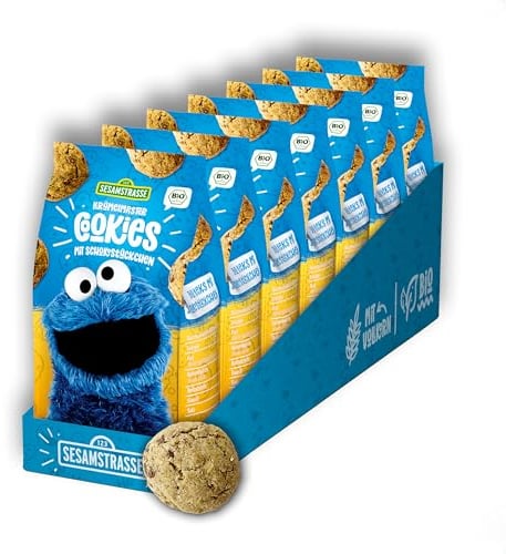 Sesamstrasse Bio Kekse mit Schokolade, Krümelmonster Cookies, 7 x 125g Beutel, Schokokekse, Großpackung, leckerer Snack als Knabberartikel, bio, vegan (7er Pack)