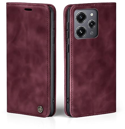 LBH Handyhülle für Xiaomi Redmi 12 in Weinrot mit Karten- und Geldfach Smartphone Hülle mit Standfunktion Flip Case Schutzhülle Magnetverschluss Vintage