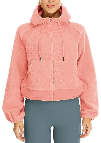 icyzone Veste à capuche pour femme - Polaire - Veste en peluche - Décontractée - Fermeture éclair - Avec poches Kangroo, Rose pâle., XL