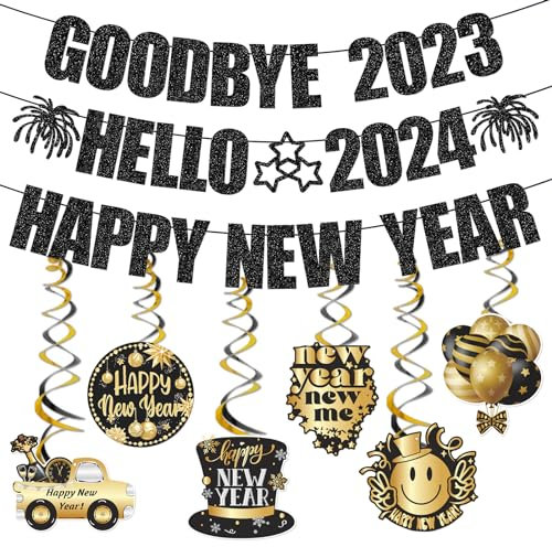 Schwarzer Glitzer Goodbye 2023 Hello 2024 Happy New Year Banner für Happy New Year Dekorationen 2024 Silvester Party Supplies mit hängendem Wirbel 2024 Silvester Banner