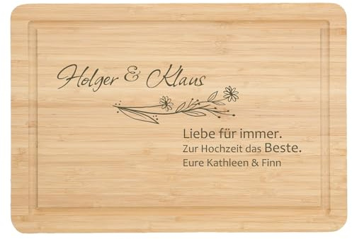 Personalisiertes Schneidebrett aus Bambus für Brautpaar Hochzeitsgeschenk mit Gravur Geschenk zur Hochzeit für Hochzeitspaar mit Name und Datum nach Wunsch - Motiv: Blume Spruch
