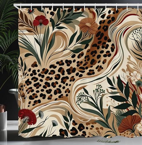 ABAKUHAUS Leopardenmuster Duschvorhang, Botanische Ornamente Abstrakte Mischung mit erdigen Herbstfarben, Stoffliches Gewebe Badezimmerdekorationsset mit Haken, 175 x 200 cm, Pastellbraun Waldgrün