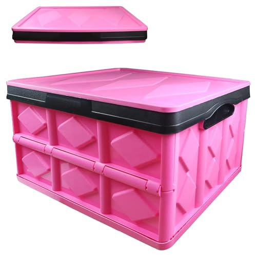 BHTOP Collapsible Storage Bin, 55L Storage Bins with Lids Foldable Storage Boxes Plastic Tote Storage Box Container for Home Office Kitchen, Books, Snacks, Shoes, Grocery Storage(Pink & Black
