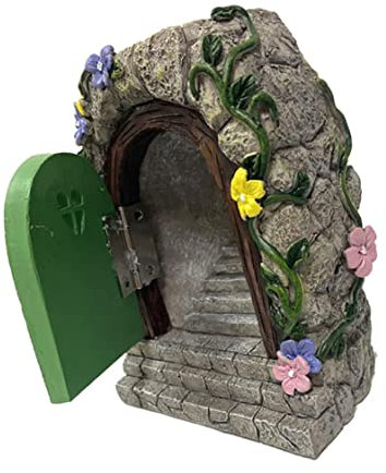 Garden Fairy Door Sculpture, Miniature Fairy Door Resin Garden Gnome Door with Solar Powered Lights for Micro Landscape, Tree Door Decoration