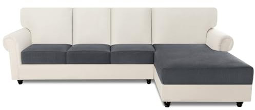 Easy-Going Stretch Sofa Couch Überzug, 4 Stück rutschfeste Sofa Sitzkissenbezüge Ecksofa L U Form, Waschbarer Jacquard Sofaschutz Sofa Cover Hund Katze, 1 Sitzer* 3 + Chaiselongue* 1, Dunkelgrau