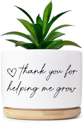 FZTUON Thank You for Helping Me Grow Succulent Planter Pots with Bamboo Tray, Indoor Planter for Women, Men, Friends, Coworker,Housewarming Gift - Not Include Plant (Thank You for Helping Me Grow)