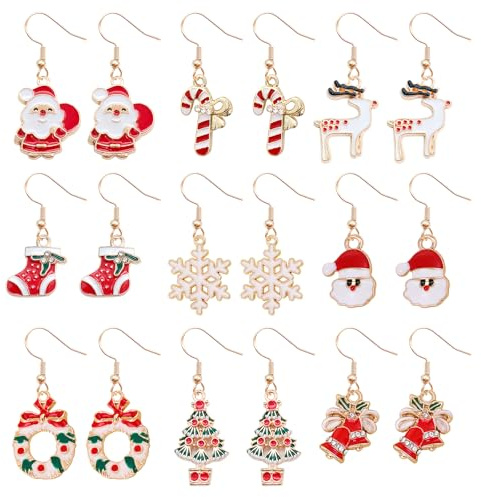 Cosswe Weihnachten Tropfen Ohrringe 9 Paar Weihnachts Ohrringe Weihnachtselch Schneeflocke Weihnachtsbaum ohrringe Weihnachtsmann Ohrring Weihnachtsohrstecker Weihnachten Geschenke für Frauen