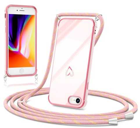 ScandiCasis Handykette Hülle mit Band für iPhone 7/8/SE 2020/SE 2022, Herz Muster Soft TPU Silikon Handyhülle Stoßfest Schutzhülle Protective Phone Case für Mädchen Frauen, Rosa