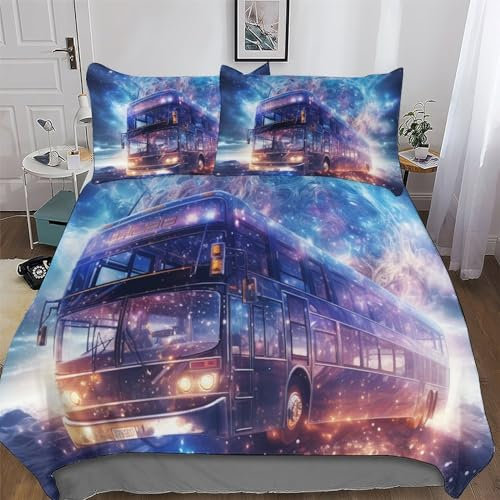AAPZY Bus Auto Bettwäsche Set ; Bettbezüge Mit 3D Muster; Für Jungen Mädchen Atmungsaktive Microfaser Bettbezug Mit Reißverschluss Und Kissenbezug Single (135x200cm)
