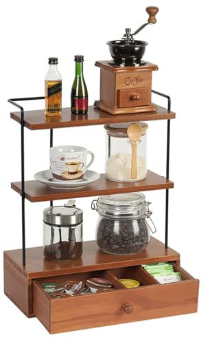 Caossuixin 3 Tier Coffee Bar Organizer Countertop Station Rack for Kitchen, Coffee Bar Accessories and Organizer Countertop with Drawers, Coffee Condiment Storage for Kitchen Tea Coffee Bar (Brown)