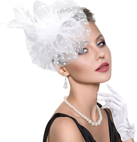 DRESHOW Fascinator Hüte für Damen Schleier Mesh Tea Party Hut Feder Pillbox Hut und Handschuhe Perlenschmuck Set für Cocktail 1920er Party Kopfbedeckung