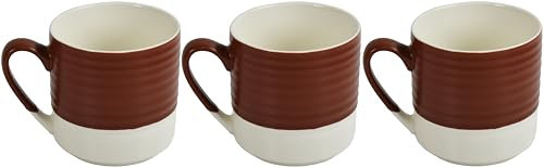 Large Ceramic Coffee Tea Mugs Set 300ml & 400ml Capacity Wide Cups with Easy Grip Handle Microwave Dishwasher Safe Perfect for Family & Gifting (Brown-Ring400mlX3)