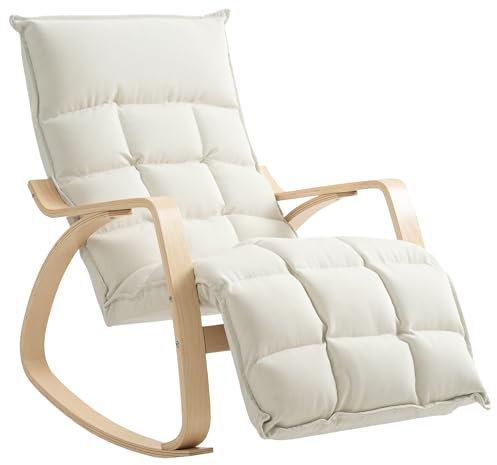 HOMCOM Schaukelstuhl Schaukelsessel mit Rückenlehne, verstellbare Fußstütze, Sessel, gepolstert Relaxsessel mit Leinenoptik, Schwingsessel, Lesesessel für Wohnzimmer, Schlafzimmer, Cremeweiß