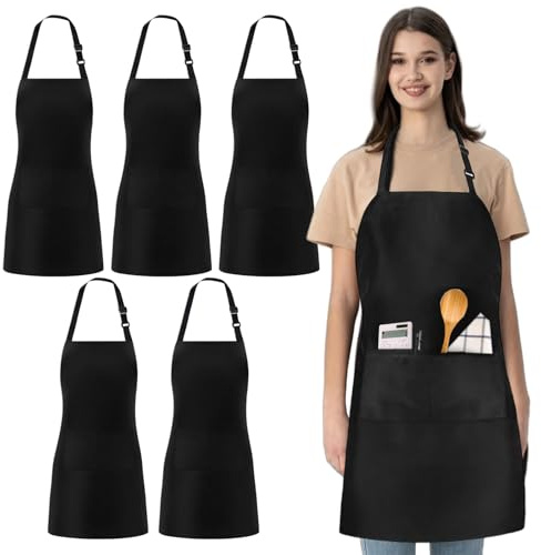 5 Stück Kochschürzen Schwarz, Köche Schürze, Küchenschürze Verstellbare Schürze Mit Taschen, Latzschürze Grillschürze Damen Herren Kochschürze Für Kochen, Küche, Restaurant, Kaffeehaus, Hausarbeit