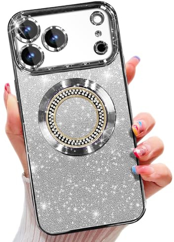 Misscase für iPhone 17 Pro Hülle, kompatibel mit MagSafe, mit Kameraschutz, Glitzer TPU Handyhülle, Niedliche Phone Case für Frauen und Mädchen Silber