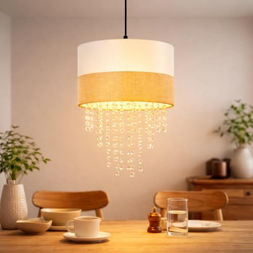CBJKTX Pendelleuchte Esstisch Hängeleuchte 1 flammig Hängelampe Vintage | Kristall Esstischlampe Stoff Pendellampe E27 Retro Esszimmerlampe Höhenverstellbar für Schlafzimmer (ohne Leuchtmittel)