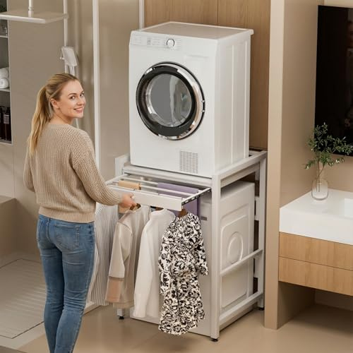 fiakoais Washer Dryer Stand Stacking Kit, Tumble Dryer Stacking Kit with Sliding Shelf Countertop, Space Saving Laundry Storage Unit with 200KG Load Capacity for Washing Machines