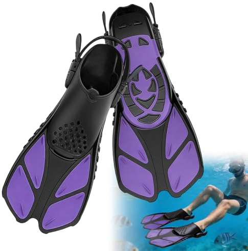 Pinne da nuoto, pinne regolabili, corte per adulti e bambini, dimensioni da viaggio, pinne da snorkeling e pinne da immersione, compatte e comode con tacco aperto (viola, S/M)