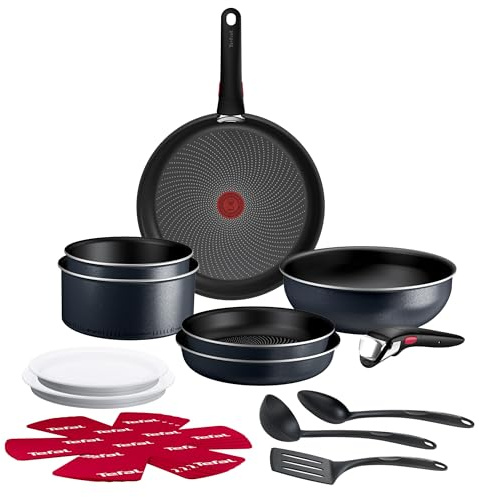 Tefal - Ingenio Enjoy Batterie de cuisine scintillant - 17 pièces - Gris | Poêle induction légère avec poignée amovible - Permet de griller - Mijoter et rôtir - Revêtement antiadhésif Titanium