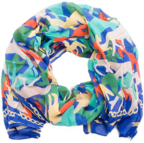 style3 Damen Schal weich und leicht mit stilisierten Pferden aus Baumwolle Halstuch Kopf-Tuch One size, SCHAL Farbe:Blau