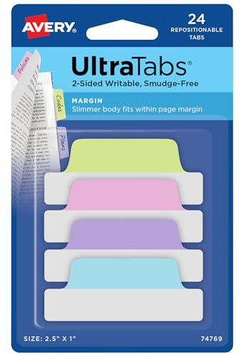 Avery Margin Ultra Tabs, 24 Repositionable Sticky Tabs, 2.5 x 1, 2-Side Writable Page Markers in Assorted Pastel Colors, 1 Pack (74769)