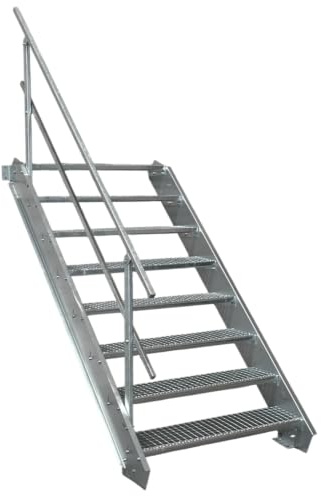SRM Design 8 Stufen Stahltreppe Breite 120 cm verzinkt 1x Geländer | Geschosshöhe 120 - 160 cm feuerverzinkt Robuste Außentreppe Wangentreppe Stabile Industrietreppe Außenbereich