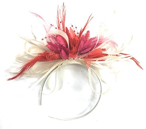 Cream Red and Fuchsia Pink Net Hoop Feather Hair Fascinator Headband Wedding Royal Ascot Races