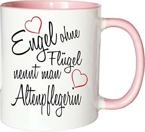 Mister Merchandise Becher Tasse Engel ohne Flügel nennt Man Altenpflegerin Kaffee Kaffeetasse liebevoll Bedruckt Beruf Job Geschenk Weiß-Rosa