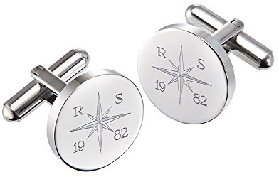 Gravado Gemelli Circolari in Acciaio Inox con Incisione Personalizzata con Iniziali e Data, Motivo Bussola, Scatola Regalo Inclusa, Idee Regalo di Natale per Lui