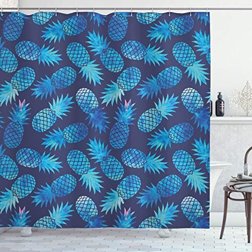 ABAKUHAUS Moderne Rideau de Douche, Ananas Exotique, Tissu Ensemble de Décor de Salle de Bain avec Crochets, 175 cm x 180 cm, Nuit Bleu Turquoise