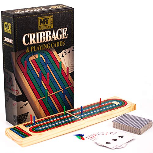The Magic Toy Shop 2 in 1 - Traditional Wooden Cribbage Board Game Folding 3 Track 9 Pegs Family Travel Size and Playng Cards Set