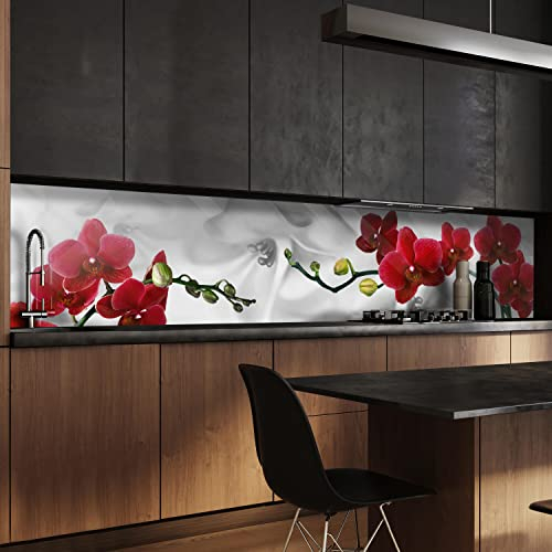 wandmotiv24 Küchenrückwand Orchideen Rot Weiß Pflanze Hintergrund 260 x 60cm (B x H) - Acrylglas 3mm Nischenrückwand, Spritzschutz, Fliesenspiegel-Ersatz, Deko Küche M1148