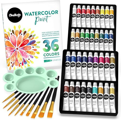 Chalkola Watercolour Paint Set for Adults, Kids, Beginner & Professional Artists - 36 Watercolour Tubes Set (12ml), 10 Painting Brushes & 1 Palette | Vibrant Water Colour Art Painting Supplies