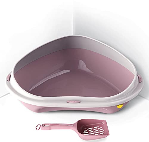 CAT CENTRE Pink Large Corner Cat Open Litter Tray With Scoop Bundle Kitten Pet Toilet Plastic Loo Pan Box Anti-Spillage Lowered Entry Step Rounded Corners Detachable Rim Easy Cleaning No Spilling