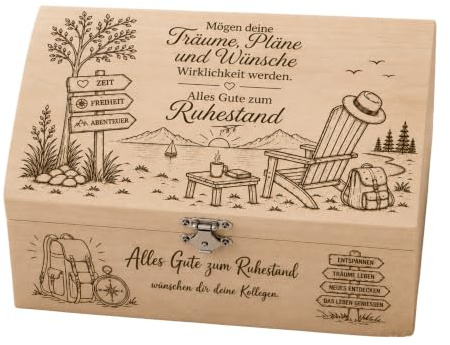 Schatztruhe aus Holz zum Ruhestand mit Gravur – Originelles Abschiedsgeschenk von Kollegen & Familie zur Rente – Kleine Holzkiste als Geldgeschenke Verpackung & Erinnerungsbox - 21,5 x 15,8 x 10,6 cm