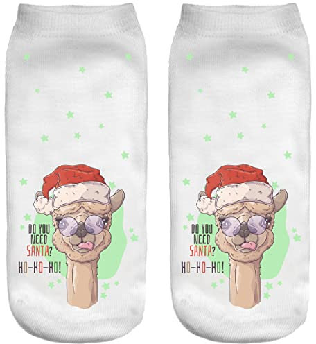 Ferocity Weihnachten Lustige Socken Sneaker Halbsocken Strümpfe Sportsocken für Frauen EU 34-36 Füßlinge mit Motiv 3D Do you need Santa Lama [001]