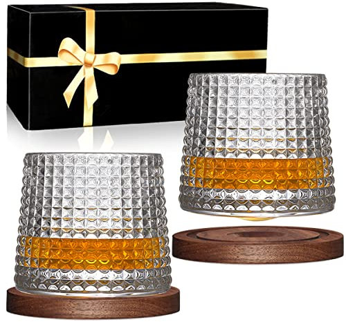 BOLESTA Whiskey Glasses Set of 2, Rotatable Tumbler Crystal Glass Cups, Drinking Glasses with 2Pcs Creative Walnut Coasters and Gift Box - for Scotch,Bourbon,Cocktails