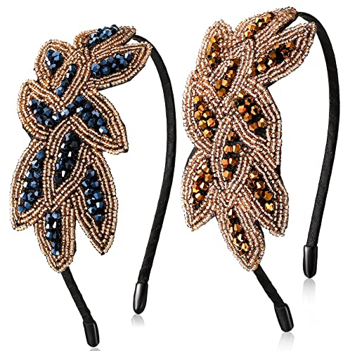 2 Stück 1920er Haarreife Flapper Stirnbänder Damen Haarbänder Blatt Perlen Haarschmuck Vintage Kopfschmuck Accessoires für 20er Jahre Stil Kleid Kostüm (Marineblau, Bronze)