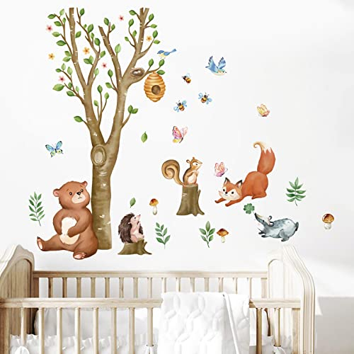 wondever Wandtattoo Waldtiere Baum Wandaufkleber Bär Fuchs Eichhörnchen Wandsticker Wanddeko für Kinderzimmer Babyzimmer