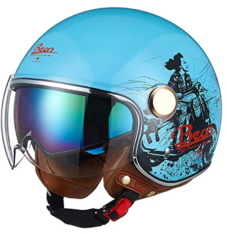 Offener Helm, Motorrad, 3/4-Halbhelme, Motorradhelm mit Sonnenblende, Retro-Vintage-Stil, Jethelm, Moped, Roller-Helm, DOT ECE-zertifiziert für Jugendliche, Männer, Frauen, Hellblau, L