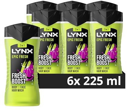 Lynx Epic Fresh 3-in-1 Bodywash shower gel with a grapefruit & tropical pineapple scent for a refreshing shower 6x 225 ml