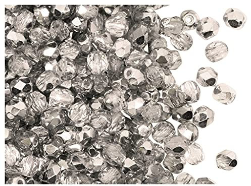 Lot de 600 perles tchèques à facettes, en verre polies au feu, rondes, 4 mm, cristal labrador (cristal argenté)