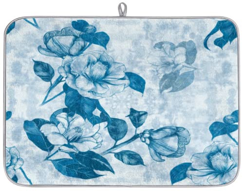 Tapis de séchage à vaisselle vintage à fleurs bleues pour comptoir de cuisine - 40,6 x 45,7 cm - Absorbant en microfibre - Tapis d'égouttoir à vaisselle - Comptoirs de cuisine